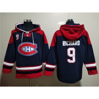 Men's Montreal Canadiens #9 Maurice Richard Navy/Red Lace-Up Pullover Hoodie Men's Montreal Canadiens #9 Maurice Richard Navy/Red Lace-Up Pullover Hoodie