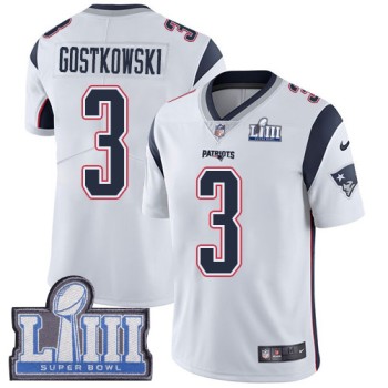 Men's New England Patriots #3 Stephen Gostkowski White Super Bowl LIII Vapor Untouchable Limited Stitched NFL Jersey Men's New England Patriots #3 Stephen Gostkowski White Super Bowl LIII Vapor Untouchable Limited Stitched NFL Jersey