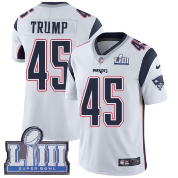 Men's New England Patriots #45 Donald Trump White Super Bowl LIII Vapor Untouchable Limited Stitched NFL Jersey Men's New England Patriots #45 Donald Trump White Super Bowl LIII Vapor Untouchable Limited Stitched NFL Jersey