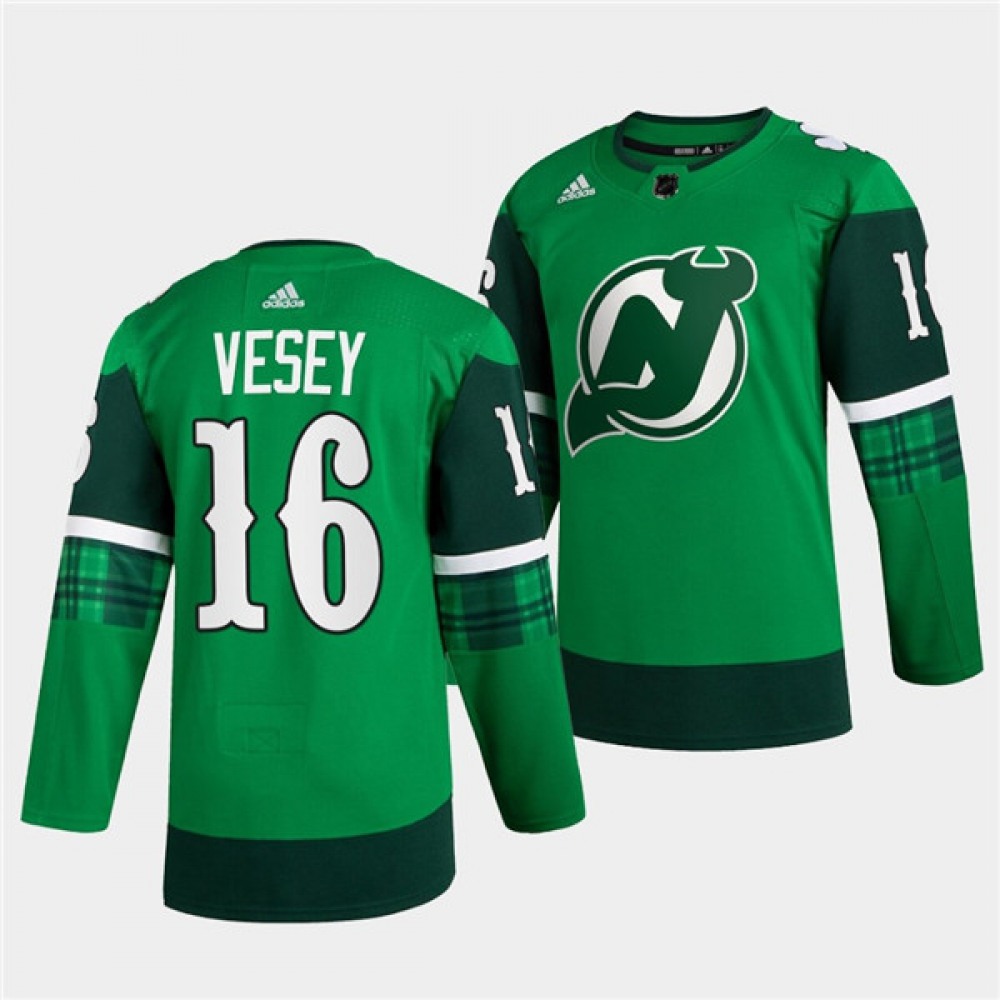 Men's New Jersey Devils #16 Jimmy Vesey Green Warm-Up St Patricks Day Stitched Jersey