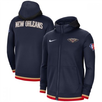 Men's New Orleans Pelicans Navy 75th Anniversary Performance Showtime Full-Zip Hoodie Jacket Men's New Orleans Pelicans Navy 75th Anniversary Performance Showtime Full-Zip Hoodie Jacket