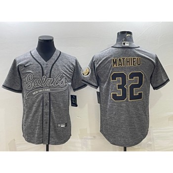 Men's New Orleans Saints #32 Tyrann Mathieu Grey With Patch Cool Base Stitched Baseball Jersey Men's New Orleans Saints #32 Tyrann Mathieu Grey With Patch Cool Base Stitched Baseball Jersey