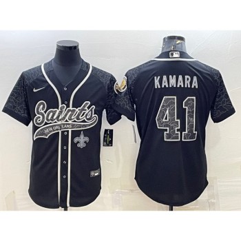 Men's New Orleans Saints #41 Alvin Kamara Black Reflective With Patch Cool Base Stitched Baseball Jersey Men's New Orleans Saints #41 Alvin Kamara Black Reflective With Patch Cool Base Stitched Baseball Jersey