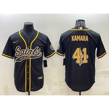 Men's New Orleans Saints #41 Alvin Kamara Black Team Big Logo With Patch Cool Base Stitched Baseball Jersey Men's New Orleans Saints #41 Alvin Kamara Black Team Big Logo With Patch Cool Base Stitched Baseball Jersey