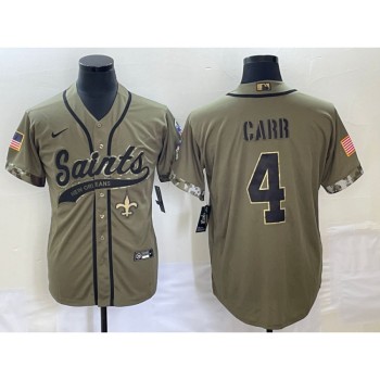Men's New Orleans Saints #4 Derek Carr Olive Salute To Service With Patch Cool Base Stitched Baseball Jersey Men's New Orleans Saints #4 Derek Carr Olive Salute To Service With Patch Cool Base Stitched Baseball Jersey