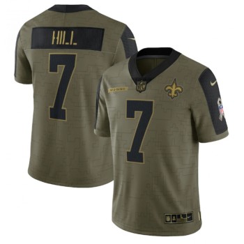 Men's New Orleans Saints #7 Taysom Hill 2021 Olive Salute To Service Limited Stitched Jersey Men's New Orleans Saints #7 Taysom Hill 2021 Olive Salute To Service Limited Stitched Jersey