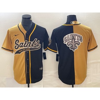 Men's New Orleans Saints Black Gold Split Team Big Logo Cool Base Stitched Baseball Jersey Men's New Orleans Saints Black Gold Split Team Big Logo Cool Base Stitched Baseball Jersey