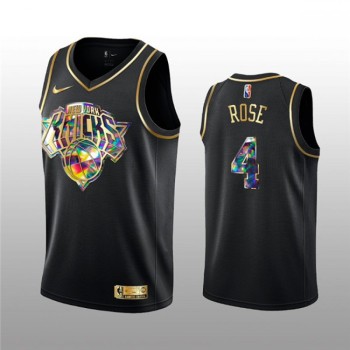 Men's New Yok Knicks #4 Derrick Rose 2021/22 Black Golden Edition 75th Anniversary Diamond Logo Stitched Basketball Jersey Men's New Yok Knicks #4 Derrick Rose 2021/22 Black Golden Edition 75th Anniversary Diamond Logo Stitched Basketball Jersey