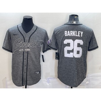 Men's New York Giants #26 Saquon Barkley Grey With Patch Cool Base Stitched Baseball Jersey Men's New York Giants #26 Saquon Barkley Grey With Patch Cool Base Stitched Baseball Jersey