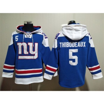 Men's New York Giants #5 Kayvon Thibodeaux Blue Lace-Up Pullover Hoodie Men's New York Giants #5 Kayvon Thibodeaux Blue Lace-Up Pullover Hoodie