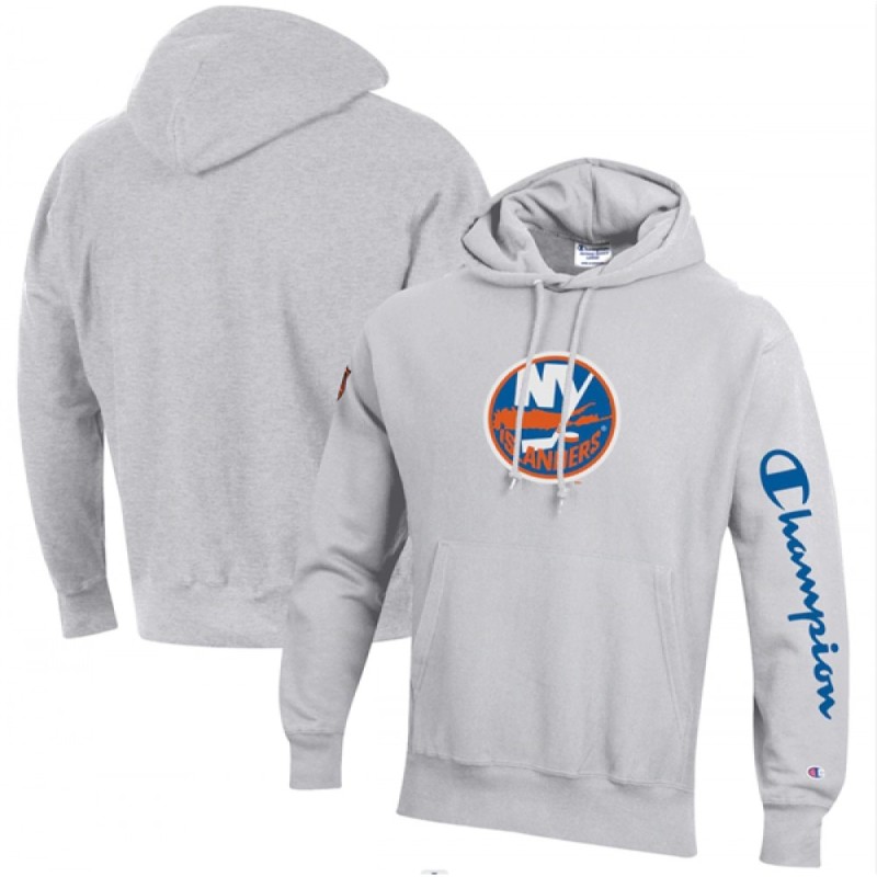 Men's New York Islanders Champion Heathered Gray Reverse Weave Pullover Hoodie Men's New York Islanders Champion Heathered Gray Reverse Weave Pullover Hoodie