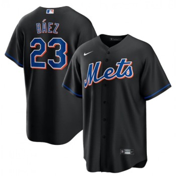 Men's New York Mets #23 Javier Baez 2022 Black Cool Base Stitched Baseball Jersey Men's New York Mets #23 Javier Baez 2022 Black Cool Base Stitched Baseball Jersey