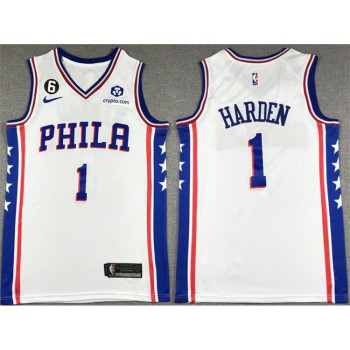 Men's Philadelphia 76ers #1 James Harden White With NO.6 Patch Stitched Jersey Men's Philadelphia 76ers #1 James Harden White With NO.6 Patch Stitched Jersey