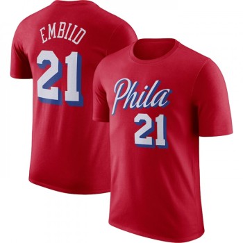 Men's Philadelphia 76ers #21 Joel Embiid Red 2022/23 Statement Edition Name & Number T-Shirt Men's Philadelphia 76ers #21 Joel Embiid Red 2022/23 Statement Edition Name & Number T-Shirt