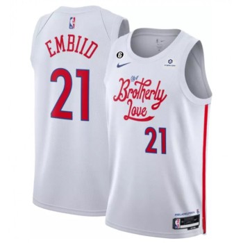 Men's Philadelphia 76ers #21 Joel Embiid White 2022/23 City Edition With NO.6 Patch Stitched Basketball Jersey Men's Philadelphia 76ers #21 Joel Embiid White 2022/23 City Edition With NO.6 Patch Stitched Basketball Jersey