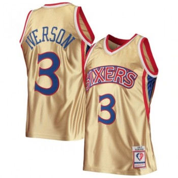 Men's Philadelphia 76ers #3 Allen Iverson 1996-97 Gold 75th Anniversary Classics Swingman Stitched Jersey Men's Philadelphia 76ers #3 Allen Iverson 1996-97 Gold 75th Anniversary Classics Swingman Stitched Jersey