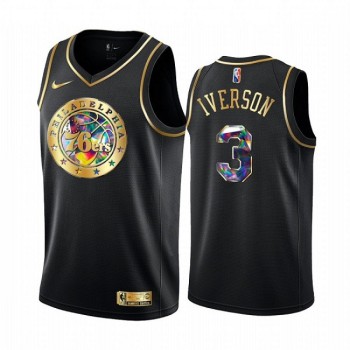 Men's Philadelphia 76ers #3 Allen Iverson 2021/22 Black Golden Edition 75th Anniversary Diamond Logo Stitched Basketball Jersey Men's Philadelphia 76ers #3 Allen Iverson 2021/22 Black Golden Edition 75th Anniversary Diamond Logo Stitched Basketball Jersey