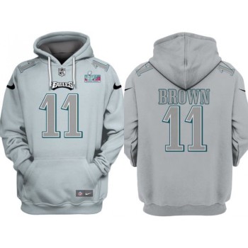 Men's Philadelphia Eagles #11 A.J. Brown Grey Atmosphere Fashion Super Bowl LVII Patch Pullover Hoodie Men's Philadelphia Eagles #11 A.J. Brown Grey Atmosphere Fashion Super Bowl LVII Patch Pullover Hoodie