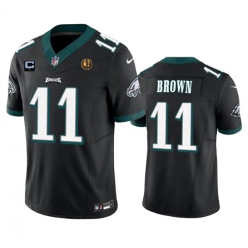 Men's Philadelphia Eagles #11 A. J. Brown Black 2023 F.U.S.E. With 1-star C Patch And John Madden Patch Vapor Limited Stitched Football Jersey Men's Philadelphia Eagles #11 A. J. Brown Black 2023 F.U.S.E. With 1-star C Patch And John Madden Patch Vapor Limited Stitched Football Jersey