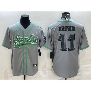 Men's Philadelphia Eagles #11 A. J. Brown Grey With Patch Cool Base Stitched Baseball Jersey Men's Philadelphia Eagles #11 A. J. Brown Grey With Patch Cool Base Stitched Baseball Jersey