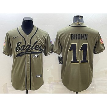 Men's Philadelphia Eagles #11 A. J. Brown Olive 2022 Salute To Service Cool Base Stitched Baseball Jersey Men's Philadelphia Eagles #11 A. J. Brown Olive 2022 Salute To Service Cool Base Stitched Baseball Jersey