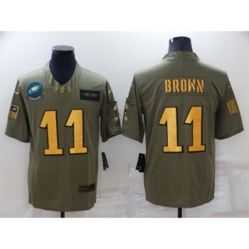 Men's Philadelphia Eagles #11 A. J. Brown Olive/Gold Salute To Service Limited Stitched Jersey Men's Philadelphia Eagles #11 A. J. Brown Olive/Gold Salute To Service Limited Stitched Jersey