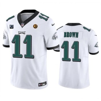 Men's Philadelphia Eagles #11 A. J. Brown White 2023 F.U.S.E. With 1-star C Patch And John Madden Patch Vapor Limited Stitched Football Jersey Men's Philadelphia Eagles #11 A. J. Brown White 2023 F.U.S.E. With 1-star C Patch And John Madden Patch Vapor Limited Stitched Football Jersey