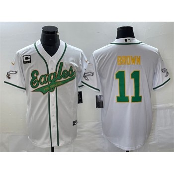 Men's Philadelphia Eagles #11 A. J. Brown White Gold With 3-star C Patch Cool Base Stitched Baseball Jersey Men's Philadelphia Eagles #11 A. J. Brown White Gold With 3-star C Patch Cool Base Stitched Baseball Jersey