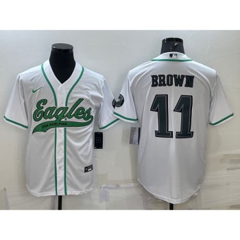 Men's Philadelphia Eagles #11 A. J. Brown White With Patch Cool Base Stitched Baseball Jersey Men's Philadelphia Eagles #11 A. J. Brown White With Patch Cool Base Stitched Baseball Jersey
