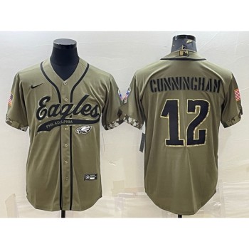 Men's Philadelphia Eagles #12 Randall Cunningham Olive 2022 Salute To Service Cool Base Stitched Baseball Jersey Men's Philadelphia Eagles #12 Randall Cunningham Olive 2022 Salute To Service Cool Base Stitched Baseball Jersey