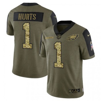 Men's Philadelphia Eagles #1 Jalen Hurts 2021 Olive Camo Salute To Service Limited Stitched Jersey Men's Philadelphia Eagles #1 Jalen Hurts 2021 Olive Camo Salute To Service Limited Stitched Jersey