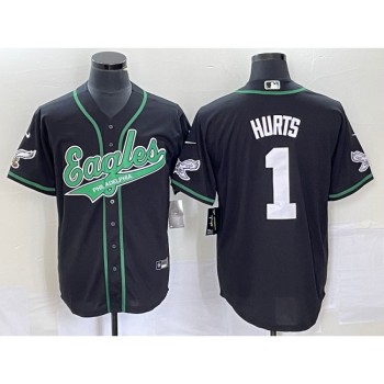 Men's Philadelphia Eagles #1 Jalen Hurts Black Cool Base Stitched Baseball Jersey Men's Philadelphia Eagles #1 Jalen Hurts Black Cool Base Stitched Baseball Jersey
