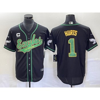 Men's Philadelphia Eagles #1 Jalen Hurts Black Gold With 3-star C Patch Cool Base Stitched Baseball Jersey Men's Philadelphia Eagles #1 Jalen Hurts Black Gold With 3-star C Patch Cool Base Stitched Baseball Jersey