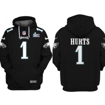 Men's Philadelphia Eagles #1 Jalen Hurts Black Super Bowl LVII Patch Pullover Hoodie Men's Philadelphia Eagles #1 Jalen Hurts Black Super Bowl LVII Patch Pullover Hoodie