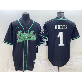 Men's Philadelphia Eagles #1 Jalen Hurts Black With Patch Cool Base Stitched Baseball Jersey Men's Philadelphia Eagles #1 Jalen Hurts Black With Patch Cool Base Stitched Baseball Jersey