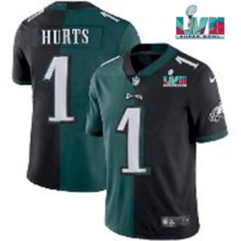Men's Philadelphia Eagles #1 Jalen Hurts Black & Green Split Super Bowl LVII Patch Limited Stitched Jersey Men's Philadelphia Eagles #1 Jalen Hurts Black & Green Split Super Bowl LVII Patch Limited Stitched Jersey