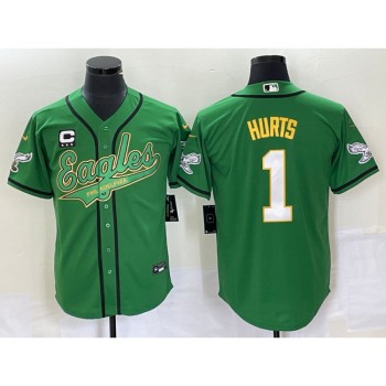 Men's Philadelphia Eagles #1 Jalen Hurts Green Gold With 3-starC Patch Cool Base Stitched Baseball Jersey Men's Philadelphia Eagles #1 Jalen Hurts Green Gold With 3-starC Patch Cool Base Stitched Baseball Jersey