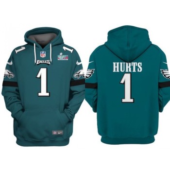 Men's Philadelphia Eagles #1 Jalen Hurts Green Super Bowl LVII Patch Pullover Hoodie Men's Philadelphia Eagles #1 Jalen Hurts Green Super Bowl LVII Patch Pullover Hoodie