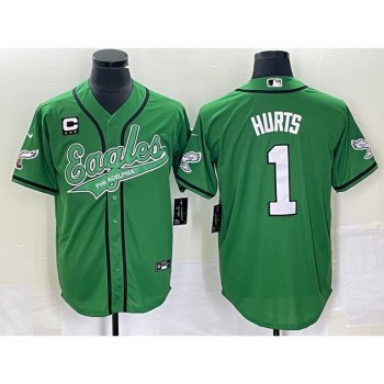 Men's Philadelphia Eagles #1 Jalen Hurts Green With 3-star C Patch Cool Base Stitched Baseball Jersey Men's Philadelphia Eagles #1 Jalen Hurts Green With 3-star C Patch Cool Base Stitched Baseball Jersey