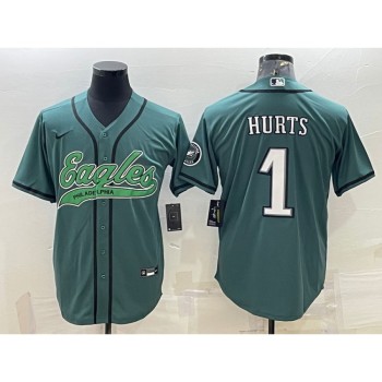 Men's Philadelphia Eagles #1 Jalen Hurts Green With Patch Cool Base Stitched Baseball Jersey Men's Philadelphia Eagles #1 Jalen Hurts Green With Patch Cool Base Stitched Baseball Jersey
