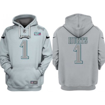 Men's Philadelphia Eagles #1 Jalen Hurts Grey Atmosphere Fashion Super Bowl LVII Patch Pullover Hoodie Men's Philadelphia Eagles #1 Jalen Hurts Grey Atmosphere Fashion Super Bowl LVII Patch Pullover Hoodie