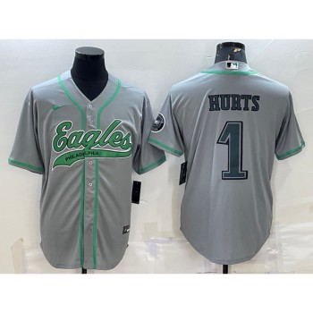 Men's Philadelphia Eagles #1 Jalen Hurts Grey With Patch Cool Base Stitched Baseball Jersey Men's Philadelphia Eagles #1 Jalen Hurts Grey With Patch Cool Base Stitched Baseball Jersey