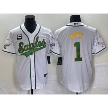 Men's Philadelphia Eagles #1 Jalen Hurts White Gold With 3-star C Patch Cool Base Stitched Baseball Jersey Men's Philadelphia Eagles #1 Jalen Hurts White Gold With 3-star C Patch Cool Base Stitched Baseball Jersey