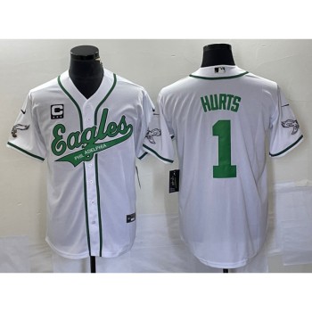 Men's Philadelphia Eagles #1 Jalen Hurts White With 3-star C Patch Cool Base Stitched Baseball Jersey Men's Philadelphia Eagles #1 Jalen Hurts White With 3-star C Patch Cool Base Stitched Baseball Jersey