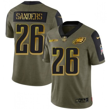 Men's Philadelphia Eagles #26 Miles Sanders 2021 Olive Salute To Service Golden Limited Stitched Jersey Men's Philadelphia Eagles #26 Miles Sanders 2021 Olive Salute To Service Golden Limited Stitched Jersey