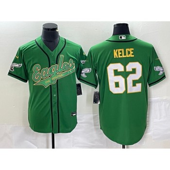Men's Philadelphia Eagles #62 Jason Kelce Green Gold Cool Base Stitched Baseball Jersey Men's Philadelphia Eagles #62 Jason Kelce Green Gold Cool Base Stitched Baseball Jersey