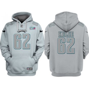 Men's Philadelphia Eagles #62 Jason Kelce Grey Atmosphere Fashion Super Bowl LVII Patch Pullover Hoodie Men's Philadelphia Eagles #62 Jason Kelce Grey Atmosphere Fashion Super Bowl LVII Patch Pullover Hoodie