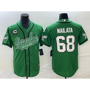 Men's Philadelphia Eagles #68 Jordan Mailata Green With 3-star C Patch Cool Base Stitched Baseball Jersey Men's Philadelphia Eagles #68 Jordan Mailata Green With 3-star C Patch Cool Base Stitched Baseball Jersey