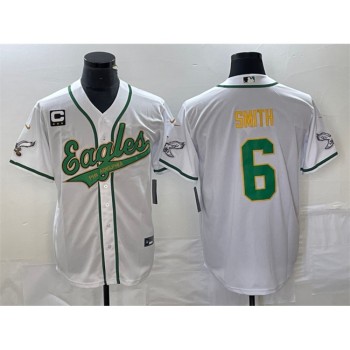Men's Philadelphia Eagles #6 DeVonta Smith White Gold With 3-star C Patch Cool Base Stitched Baseball Jersey Men's Philadelphia Eagles #6 DeVonta Smith White Gold With 3-star C Patch Cool Base Stitched Baseball Jersey