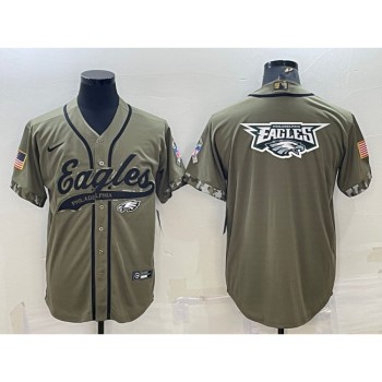 Men's Philadelphia Eagles Olive 2022 Salute To Service Team Big Logo Cool Base Stitched Baseball Jersey 001 Men's Philadelphia Eagles Olive 2022 Salute To Service Team Big Logo Cool Base Stitched Baseball Jersey 001